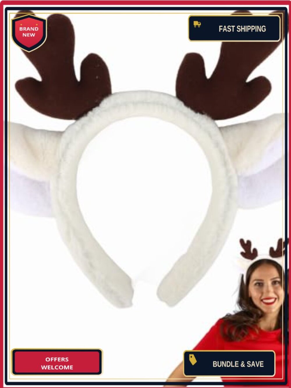 Plush Reindeer Antler Ears Headband Christmas Halloween Costume Accessory